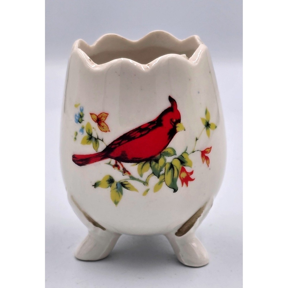 3-Footed Cardinal Ceramic Egg Shaped Scalloped Rim Planter Vase Cup 3" Vintage